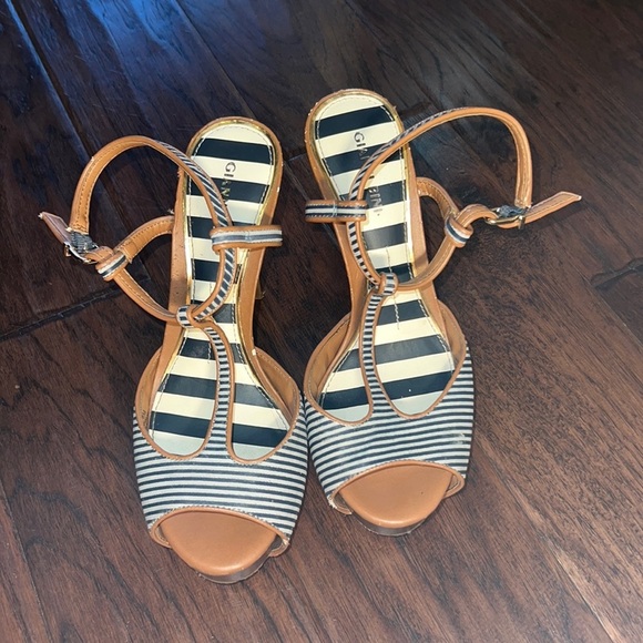 Gianni Bini Shoes - Gianni Bini navy blue white striped tan brown high heel sandals women’s shoes 8
